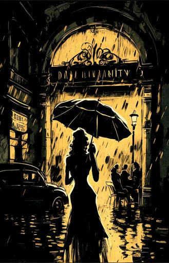 Sunday gloomy Sunday, Budapest jazz club, night, dark, silhouettes, rain, female black singer, jazz, Bauhaus building, 1950ies style, Diane millsap style --ar 2:3 --v 4