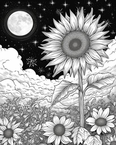 Sunflower basking in moonlight, amidst a fantasy setting with stars and soft, ethereal elements, coloring page for adults, thick lines, black and white, greyscale --ar 4:5 --v 6.0