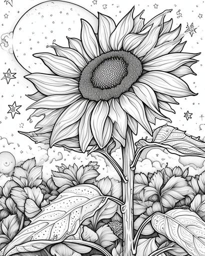 Sunflower basking in moonlight, amidst a fantasy setting with stars and soft, ethereal elements, coloring page for adults, thick lines, black and white, greyscale --ar 4:5 --v 6.0