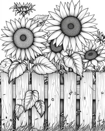 Sunflowers arranged along a picket fence, with each board of the fence and flower petal drawn for a homey and detailed coloring experience, a comforting coloring page for adults, black and white, greyscale --ar 4:5 --v 6.0