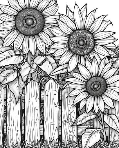 Sunflowers arranged along a picket fence, with each board of the fence and flower petal drawn for a homey and detailed coloring experience, a comforting coloring page for adults, black and white, greyscale --ar 4:5 --v 6.0