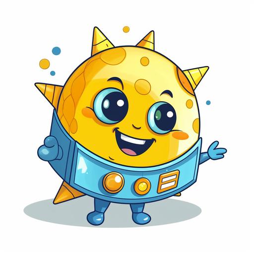 Sunny is a friendly and cute cartoon-style satellite. He is in space, surrounded by stars. His body is round and colorful, mainly bright blue and yellow, representing the Earth and the sun. He has big, expressive eyes and a charming smile, radiating a warm and welcoming vibe. Attached to his round body are two large solar panels, shining under the sunlight. He also has antennas, through which he is joyfully sending signals back to Earth.