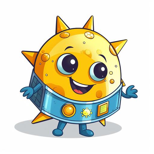 Sunny is a friendly and cute cartoon-style satellite. He is in space, surrounded by stars. His body is round and colorful, mainly bright blue and yellow, representing the Earth and the sun. He has big, expressive eyes and a charming smile, radiating a warm and welcoming vibe. Attached to his round body are two large solar panels, shining under the sunlight. He also has antennas, through which he is joyfully sending signals back to Earth.