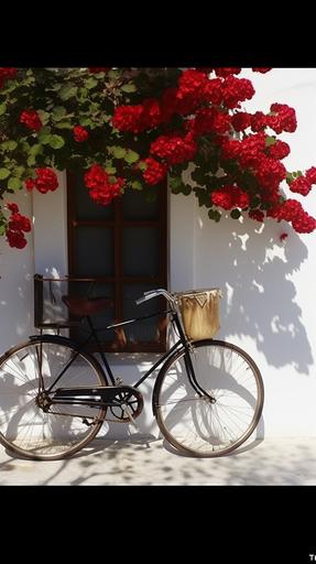 Sunny, white walls, chic windows, red roses, vine man, green branches, bicycle, real photo, HD, 8K, --ar 9:16 --v 5 --c 15