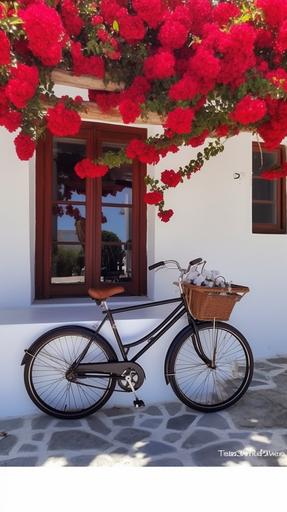 Sunny, white walls, chic windows, red roses, vine man, green branches, bicycle, real photo, HD, 8K, --ar 9:16 --v 5 --c 15