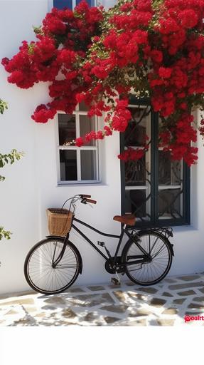 Sunny, white walls, chic windows, red roses, vines, green branches, bicycle, real photo, HD, 8K, cleat detail, --ar 9:16 --v 5