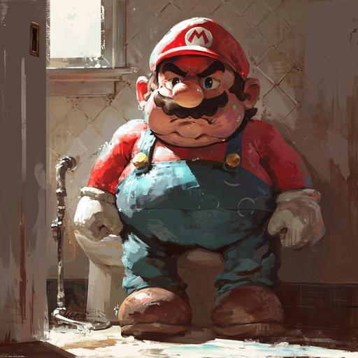 Super Mario as a Fat tired Plumber with Sweaty shirt looking tired near the toilet --v 6.0
