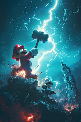 Super Mario, in a Thor - like outfit, wielding a large hammer and summoning lightning to defeat a group of Koopa Troopas on the bifrost bridge, action - packed cartoons, sabattier effect --ar 2:3 --v 6.0