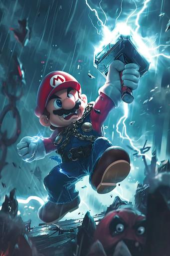 Super Mario, in a Thor - like outfit, wielding a large hammer and summoning lightning to defeat a group of Koopa Troopas on the bifrost bridge, action - packed cartoons, sabattier effect --ar 2:3 --v 6.0