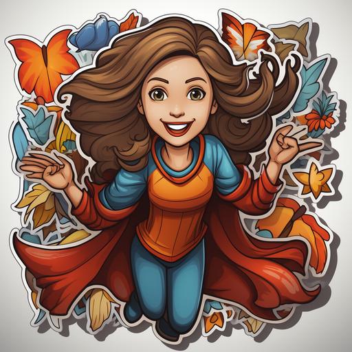 Super Mom Sticker, Heroic Hugs, Cartoon, Vibrant Hues, Mom Flying with a Cape, Juggling Household Items, White Border, --ar 1:1 --s 500