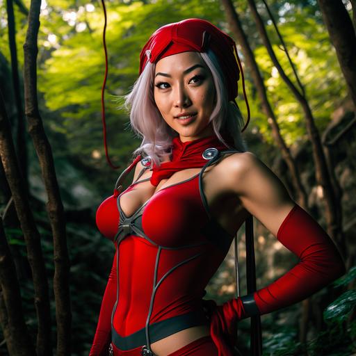 Super beautiful mature Japanese mid-teens actress, red hood, hot red enamel outfit, red whip bending, rock looking at camera, joyful smile, torso, forest, art
