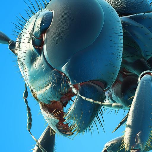 Super close-up insect ant face with a scanning electron microscope, vibrant contrast, sharp crisp clear --ar 1:1 --niji 6 --s 101