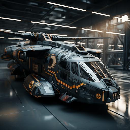 Super futuristic CH-53 spaceship, black and gray camo paint, digital markings, off angle view, ultra realistic, dynamic lighting, pop culture style,4k --stylize 500 --v 5.2