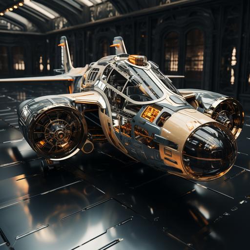 Super futuristic spaceship designed like a B-17 bomber, chrome laser cannons in ball turet and in nose, gloss black and gold, digital markings, off angle view, ultra realistic, dynamic lighting, pop culture style,4k --s 500
