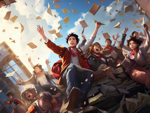 Super hero style, class of 23 mixed ethnics high school students are fighting against books, math equations, falling down from the sky, they are standing on the roof of a school building made of bricks, in an urban environment --ar 4:3 --s 250