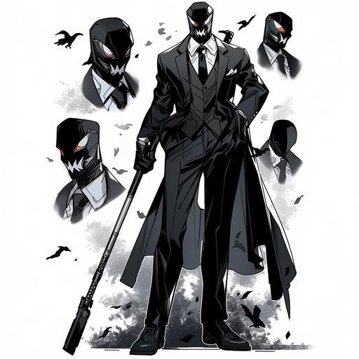 Super villain reference sheet, full body, whole picture, updated Mercenary vigilante suit, of The Shade holding a customized black staff cane, OC character design, Comic artwork style, 21yrs old, black tuxedo, long sleeve black blazer, black tie, white shirt, black pants, black dress shoes, black gloves, black shades, black grey & silver tactical suit, vigilante suit, angry face expression, old comic style, white & black Deadpool type mask, with white outlining, black dress shoes, outlined white, strong build, full body, whole picture, faced frontward, high quality art, beatiful old style comic artwork marvel . --s 750 --niji 5