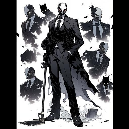 Super villain reference sheet, full body, whole picture, updated Mercenary vigilante suit, of The Shade holding a customized black staff cane, OC character design, Comic artwork style, 21yrs old, black tuxedo, long sleeve black blazer, black tie, white shirt, black pants, black dress shoes, black gloves, black shades, black grey & silver tactical suit, vigilante suit, angry face expression, old comic style, white & black Deadpool type mask, with white outlining, black dress shoes, outlined white, strong build, full body, whole picture, faced frontward, high quality art, beatiful old style comic artwork marvel . --s 750 --niji 5