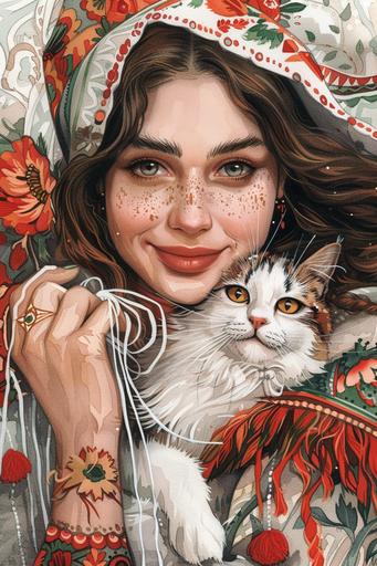 Superb smiling woman and cat illustration, looking at the camera, holding white and red thread, concept of Romanian and Balkans Martisor, spring coming, spring traditions, white, red, green and orange watercolors, painting style, --ar 2:3