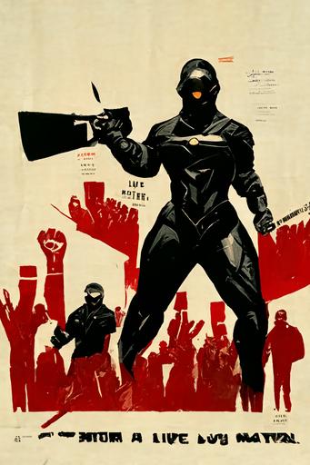 Superhero Black Noir from The Boys stands, armed with a knife, facing a legible poster that reads repeatedly 