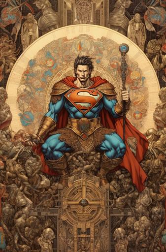 Superman from DC Comics as a wrathful Bodhisattva god holding a vajra surrounded by several other Kryptonian images, in the style of celestialpunk, figura serpentinata, himalayan art, yukimasa ida, johfra bosschart, high resolution, hurufiyya --ar 127:193 --v 5.1