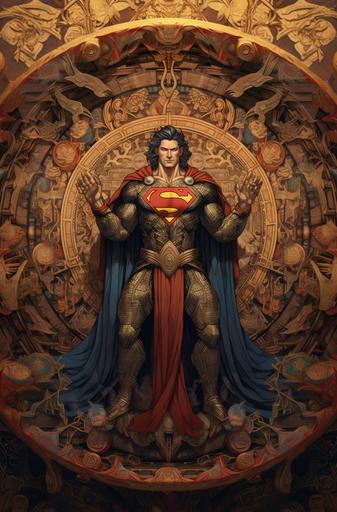 Superman from DC Comics as a wrathful Bodhisattva god holding a vajra surrounded by several other Kryptonian images, in the style of celestialpunk, figura serpentinata, himalayan art, yukimasa ida, johfra bosschart, high resolution, hurufiyya --ar 127:193 --v 5.1