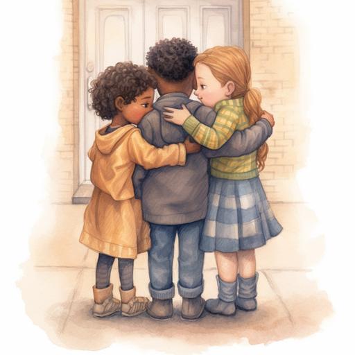Supporting Others: Illustration: A child comforting a friend, offering a shoulder to lean on. 3 kids from different ethnicities coming back from school playing and comforting each other