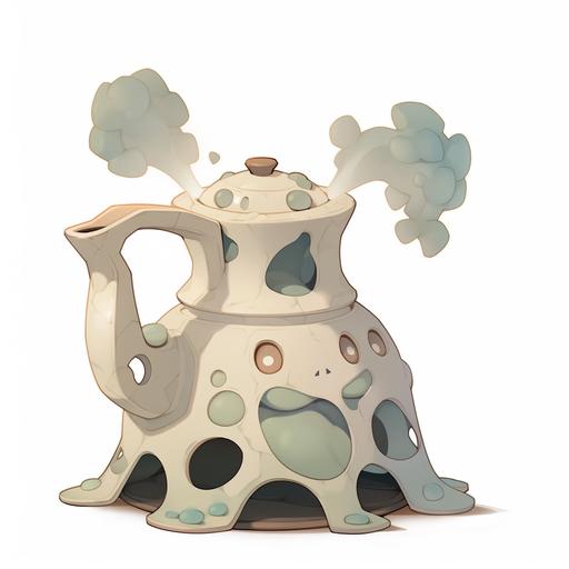 Sure! A boba tea variant of the Pokémon Polteageist could be called BobaTeageist. This Pokémon would have a teapot-shaped body just like Polteageist but with a playful twist. Instead of being filled with tea, its teapot body would be filled with colorful and bubbly boba tea. - Type: Ghost/Water - Height: 1'08 - Weight: 5.6 lbs - Abilities: Bubble Brew (Similar to Polteageist's ability, Cursed Body, but it affects Water-type moves) BobaTeageist would have a mischievous personality and love to play pranks on trainers by spilling boba tea bubbles around. It would also be known for its unique move called Bubble Burst, which sprays a burst of boba tea bubbles at the opponent, causing a combination of Ghost and Water-type damage. Its appearance would feature different flavors of boba tea inside its transparent teapot body, giving it a colorful and unique appearance for every individual BobaTeageist. --niji 5 --style expressive