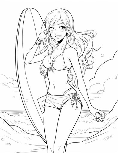 Surfer Girl at the Beach, anime girl Coloring page, cartoon style, cute outlined, thick and clean lines, 2d art --ar 17:22 --niji 5 --style original