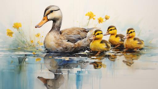 Surreal 3 duck mothers with 3 ducklings, add 2 more ducklings, add 2 more ducklings @Eric Carle. --ar 16:9 --s 250