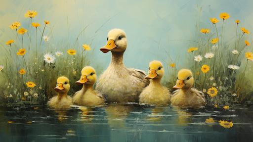 Surreal 3 duck mothers with 3 ducklings, add 2 more duckling, add 1 more ducklings @Eric Carle. --ar 16:9 --s 250