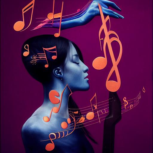 Surreal, Imagine, Music notes tattoed onto clothing, beautiful detailed hand, music instrument, perfect side profile, smooth colours, If music be the food of love play on, Beautiful woman, Art by Ole Aakjaer, Conversations with friends --test --creative
