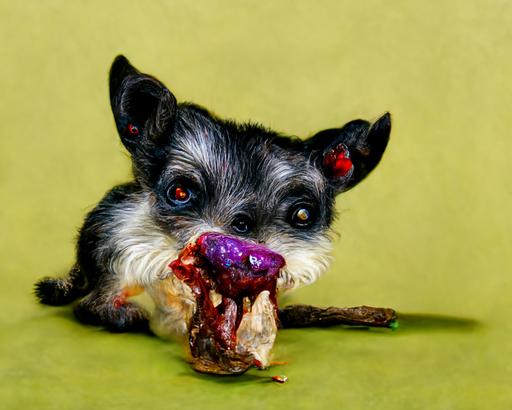 Surreal photorealistic hyperrealistic Small Vampire terrier eating a dead squirrel, colorful --ar 5:4