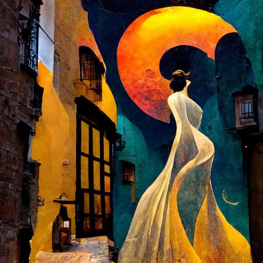 Surreal romantic 8k highly summer night detailed art culture tapas dinner in cafe spanish alley by dali and Gaudí