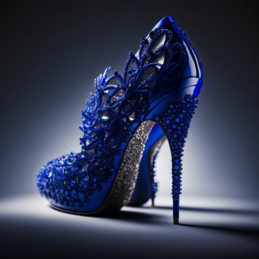 Surreal stunning royal blue high heel shoes embellished with clear swarovski crystals high definition Incredibly detailed soft cinematic lighting reflections cinematic production still Depth of Field