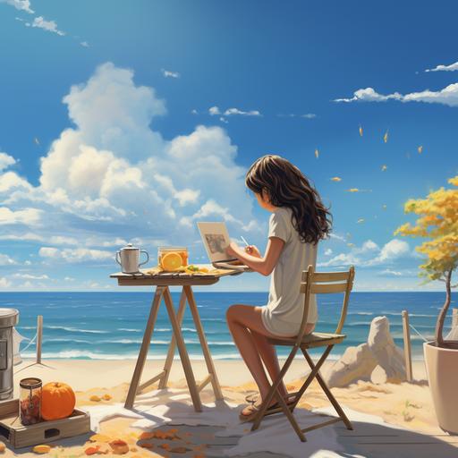 Surreal style, perspective composition, a female middle school student is painting, easel paint, lemon slices in tea, tea on the beach table, blue sky, white clouds, breeze, fresh, sunshine, sea, beach, super wide Angle lens, HD,--ar9:16
