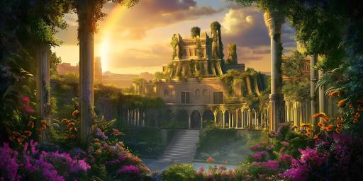 Surreal third temple located in a dense, lush jungle, with vines and flowers covering every surface. third temple and King David's castle photorealistic sunset master opening movie shot by Vincent Callebaut, Kubric --v 6.0 --ar 4:2