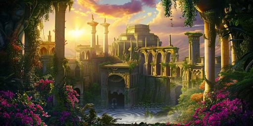Surreal third temple located in a dense, lush jungle, with vines and flowers covering every surface. third temple and King David's castle photorealistic sunset master opening movie shot by Vincent Callebaut, Kubric --v 6.0 --ar 4:2