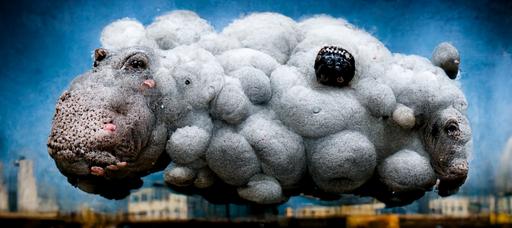 Surrealism, 40k hyperrealism, a live hippo made of dirty cotton balls in the city, photorealism, real photo  --ar 21:9