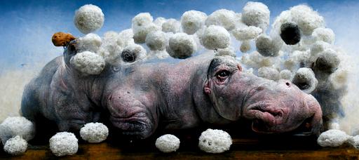 Surrealism, 40k hyperrealism, a live hippo made of dirty cotton balls in the city, photorealism, real photo  --ar 21:9