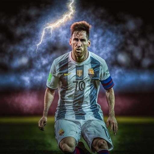 Surrealist Image of The super star Messi performs the volley kick, thunderstorm, flashing, drama lighting, symbolism, HDR, 8K, hyper resolution, colorflash --v 4