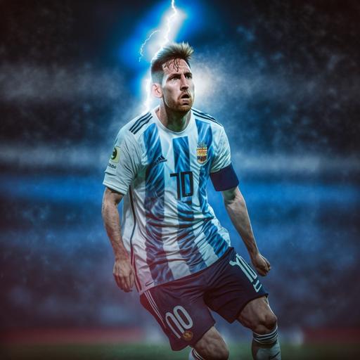 Surrealist Image of The super star Messi performs the volley kick, thunderstorm, flashing, drama lighting, symbolism, HDR, 8K, hyper resolution, colorflash --v 4