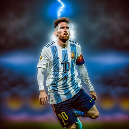 Surrealist Image of The super star Messi performs the volley kick, thunderstorm, flashing, drama lighting, symbolism, salvador dali styled, HDR, 8K, hyper resolution, colorflash --v 4