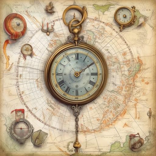 Surrealist Time Travelling Treasures vintage-style compass or an antique map with a dotted line tracing a journey through different historical eras. It incorporates small illustrations of costumes, artifacts, and iconic symbols from various time periods, symbolizing the exploration of history and the immersive experience of time travel. --q 0.5 --v 5.1