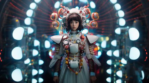 Surrealistic British film still from the 2020s, cute teenage Japanese girl, android frontal full body shot, quirky mechanical fashion, fusion of organic and inorganic design, distinctive forms, sci-fi comedy film, pop spaceship background matched with android costume, excessive texturing, shot with medium telephoto lens, Octine Renderer, 8K ,full frame --ar 16:9