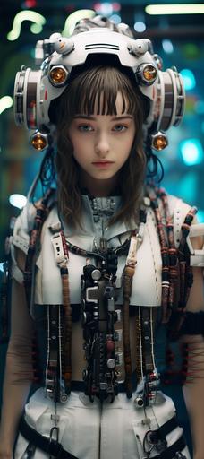 Surrealistic British film still from the 2020s, cute teenage Japanese girl, android frontal full body shot, quirky mechanical fashion, fusion of organic and inorganic design, distinctive forms, sci-fi comedy film, pop spaceship background matched with android costume, excessive texturing, shot with medium telephoto lens, Octine Renderer, 8K ,full frame