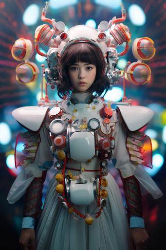 Surrealistic British film still from the 2020s, cute teenage Japanese girl, android frontal full body shot, quirky mechanical fashion, fusion of organic and inorganic design, distinctive forms, sci-fi comedy film, pop spaceship background matched with android costume, excessive texturing, shot with medium telephoto lens, Octine Renderer, 8K ,full frame --ar 2:3
