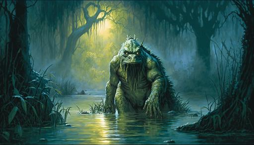 Swamp beast, giant iguana, a swamp as the backdrop, green lighting, steam coming from the swamp, creepy, artwork by Larry Elmore --ar 16:9