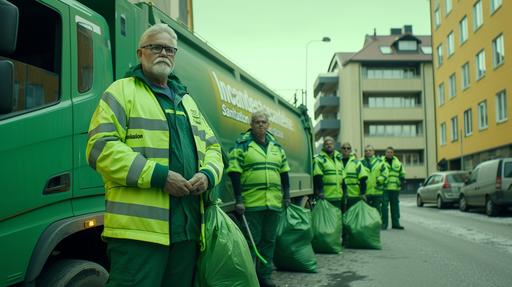 Swedish Garbage pick-up team and boss, boss has large belly and is elderly man with monocle resting on a cane. incandescent plasma green shell suits, staff uniform for 