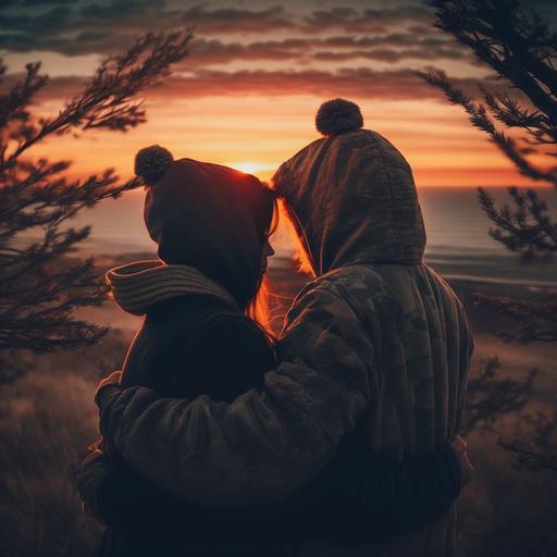 Sweet couple hugging each other while watching sunset