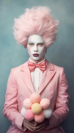 Sweets, cotton candy- inspired, poster - like, sticky hues:: ergonomic clown portrait photography by jimmy Nelson:: --v 5.1 --c 9 --s 555 --ar 9:16